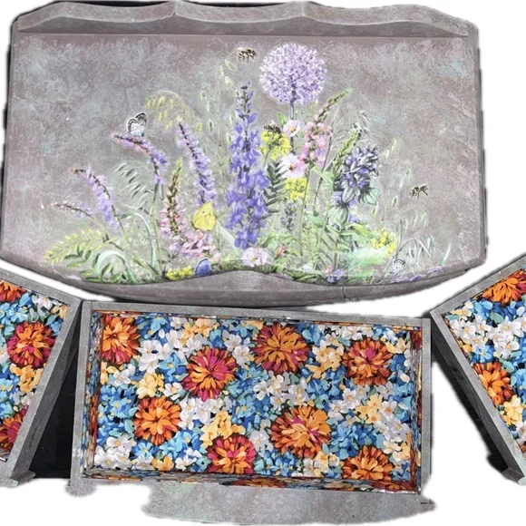 Faux Stone Finish Floral Jewelry Box with Bonus Trinket Box